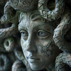 Fototapeta premium Medusa, with her piercing gaze turning creatures into stone, lurking in a dark cave filled with intricate stone statues