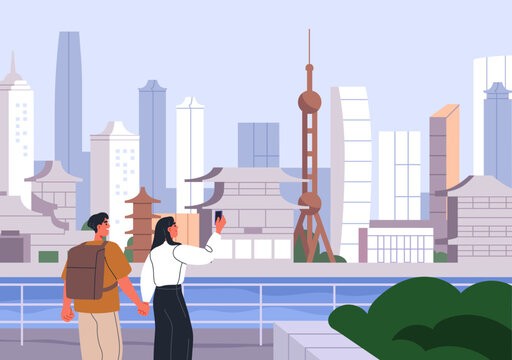 Tourists couple in modern China city. People visiting Asian Chinese attractions, looking and taking photos of architecture, cityscape panorama, skyscrapers buildings view. Flat vector illustration