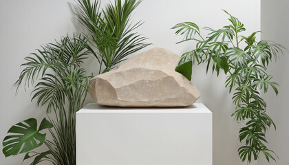 Stone and sustainable materials podium surrounded by empty plants for product placement