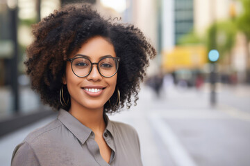 A happy woman with black curly hair and glasses is smiling for the camera, showcasing her vision care eyewear while on a travel adventure, copy space