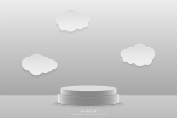 Abstract gray 3d studio room with realistic 3d cylinder podium pedestal stage or product display stand rendered with cloud paper cut on wall. 3d Vector rendering. Cloud scene for mockup, template.