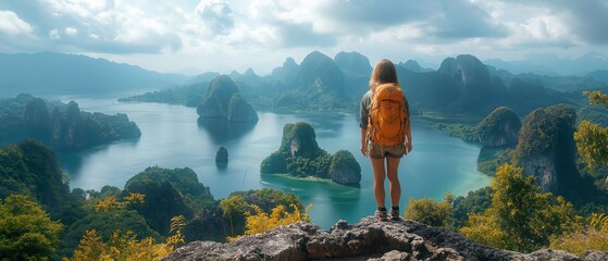 Solo traveler revels in the breathtaking view of a serene lake surrounded by rugged mountains, embodying the spirit of adventure and the beauty of nature