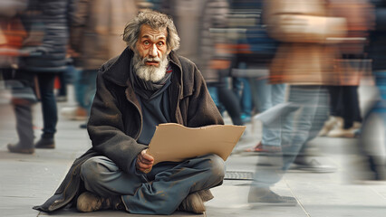 Doubting homeless mature man holds cardboard sheet in bustling heart of modern city. Elderly bum begs help sitting on street. People without home - obrazy, fototapety, plakaty