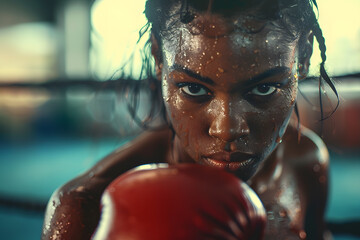Close up of black skin woman with braids in boxing gloves looking at the camera, ready to fight pose