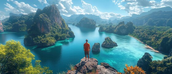 Adventurer overlooks a stunning mountain lake, capturing the spirit of outdoor hiking travel in a single serene moment amid nature’s majesty - obrazy, fototapety, plakaty