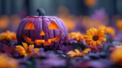 Foto op Plexiglas Halloween background with pumpkin. Happy Halloween. Halloween photo with pumpkins. Conceptual composition of an autumn holiday with autumn flowers, leaves on a gentle background. © Innavector