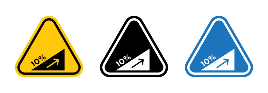 Caution for High Gradient Road. 10% Grade Steep Slope Warning. Incline Hazard Alert