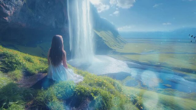 a girl saw the beautiful appearance of a clear waterfall and sunlight. seamless looping 4k time-lapse virtual video animation background