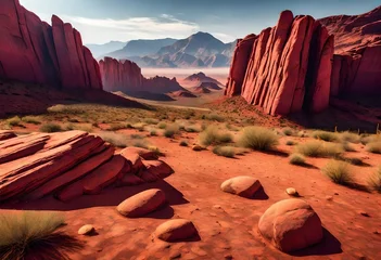 Foto op Plexiglas An expansive view captured in high-definition, revealing a striking contrast between the arid desert terrain, the vibrant red rocks, and the majestic mountains that loom in the background. © Ghulam