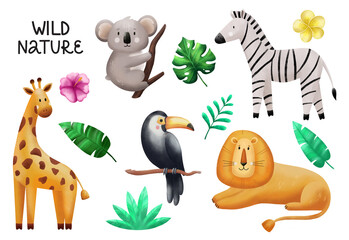 Animals in the jungle. Set with giraffe, zebra, koala, lion, toucan and leaves. Illustration for children. Sticker, postcard, invitation, poster, and decoration.