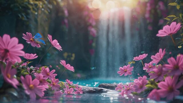 beautiful display of waterfall, flowers, butterflies and sunlight. seamless looping 4k time-lapse virtual video animation background