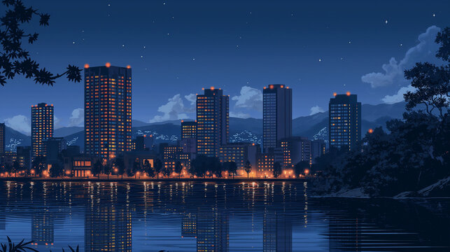 Building and City Illustration, City scene on night time.