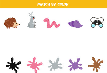 Color matching game for preschool kids. Match colorful items and blobs of paint by colors.