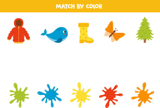 Color matching game for preschool kids. Match colorful items and blobs of paint by colors.