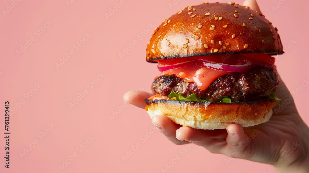 Aufkleber hands holding burger on soft colored background with ample space for text placement
