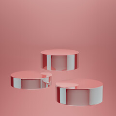 Abstract pink scene with levitate of three round pink polish glossy cylinder podiums as mockup. Template for presentation cosmetic products, goods, advertising, design, sale, showing in fashion style.