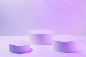 Set of three round pedestals for cosmetic products mockup in pink violet vr neon light. Stage for presentation skin care products, gifts, goods, advertising, design, showing, sale in cyberpunk style.