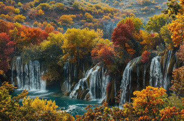 A panoramic view a national park, showing the colorful autumn foliage and waterfalls cascading into turquoise waters