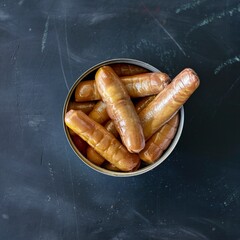 Canned sprats in a tin can. On the black chalkboard. - obrazy, fototapety, plakaty