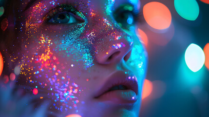 A beautiful woman with colorful glowing glitter on her face, with blurred lights in the background