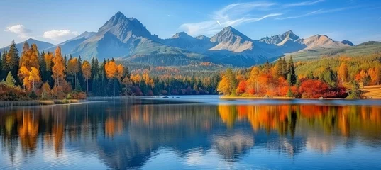 Poster Tatra High tatra lake  colorful autumn morning, mountain reflections, nature hiking adventure