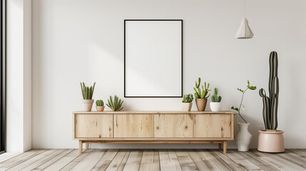 mockup of an empty poster frame hanging above a clean white living room wooden sideboard with cactus plants, Ai generated Images