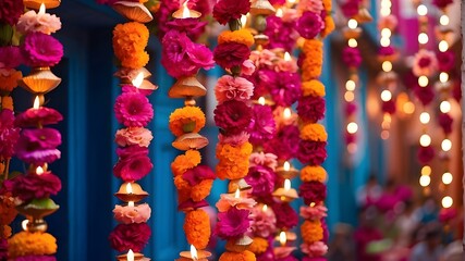 flowery garlands as Diwali decorations - obrazy, fototapety, plakaty