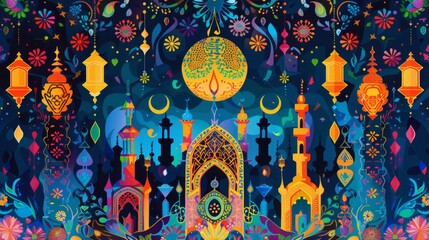 Laylat al-Qadr Vibrant Arabic Lanterns and Patterns - obrazy, fototapety, plakaty