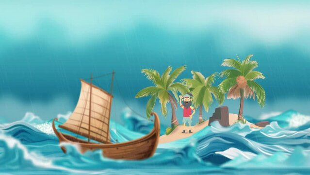 Castaway on island calling for help. A survivor on an island in distress calls out to lone boat on stormy sea. Concept cartoon video animation loop.