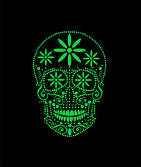Skull with flowers,  weed leaf background vector illustration
