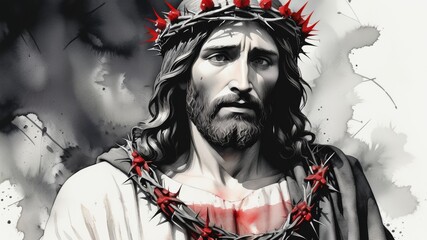 Black and white watercolor illustration of Jesus Christ with a red crown of thorns with copy space	