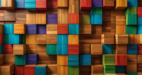  3D Rainbow various wood pieces creating an interesting pattern like saqure. colorful wooden square cubes