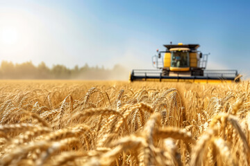 Wheat field and combine harvester. Harvesting concept
