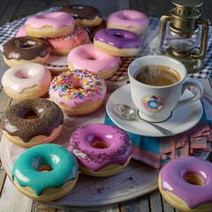 Morning breakfast with colorful Donuts and expresso coffee on a rustic wooden background - obrazy, fototapety, plakaty