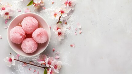 Fototapeta na wymiar Pink mochi ice cream on a ceramic plate with cherry blossoms, presenting a delectable and traditional Japanese sweet treat.