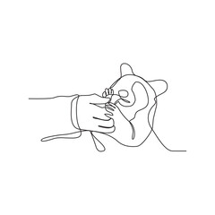 One continuous line drawing of the people is play with their pet by hugging and carrying it as vector illustration. Playing with squirell activity illustration in simple linear style vector concept.