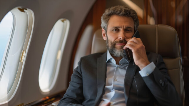 A mature businessman in a tailored suit converses on a phone while flying in the luxurious cabin of a private jet.