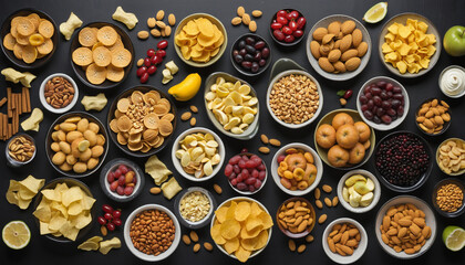 top view of various snacking on black background