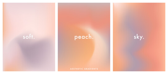 Vector simple and soft light backdrop. Nude gradient posters set. Abstract light peach, pink color banner. Blurred light fresh orange gradient background. Pastel pink smooth mesh shapes y2k aesthetic - 761301897
