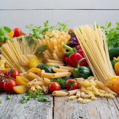 Pasta background. Several types of dry pasta with vegetables,and herbs. On a wooden table