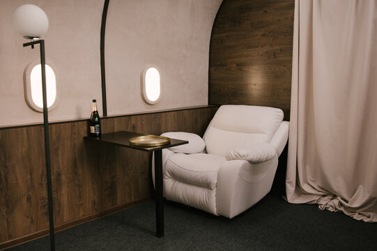 Photos on a luxury business class interior plane