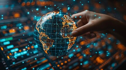 Hand touching digital globe with global network and connectivity, symbolizing the world of business over cyberspace on a blue background, full HD in sharp focus. - obrazy, fototapety, plakaty