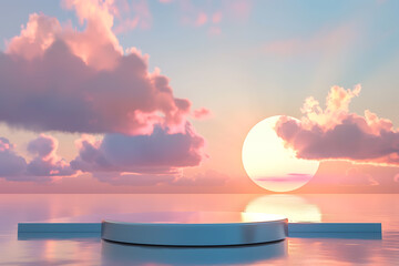 Background sunrise podium 3d product. A stunning 3D podium with a sunrise background, perfect for showcasing products in a vibrant and uplifting setting.