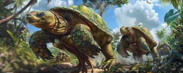 Fototapeta premium Fantastical Tortoises Roaming a Lush Landscape