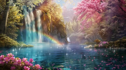 Enchanting fantasy landscape with cherry blossoms, a waterfall, and a rainbow over tranquil water,...