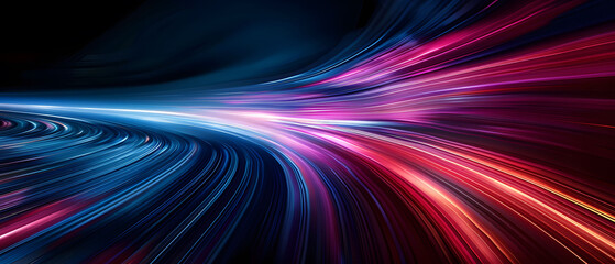 Abstract illustration depicting high-speed light trails in 3D, creating a dynamic and futuristic backdrop. The red and blue light motion trails convey a sense of fast movement and modern technology. - obrazy, fototapety, plakaty