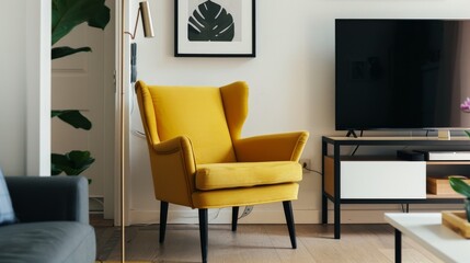 Minimalist Living Room with Vibrant Mustard Yellow Accent Chair.