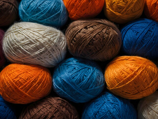 Pile of colorful yarn balls in various sizes and textures