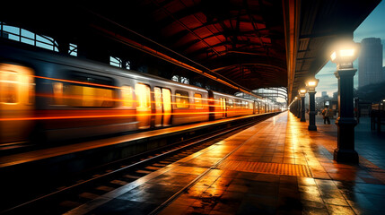 Fototapeta na wymiar Speeding Trains: A Dynamic Journey Through Station Platforms and Shining Lights