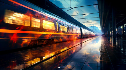 Fototapeta na wymiar Speeding Through: Capturing the Dynamic Motion and Shining Lights of Passing Trains at the Station Platform